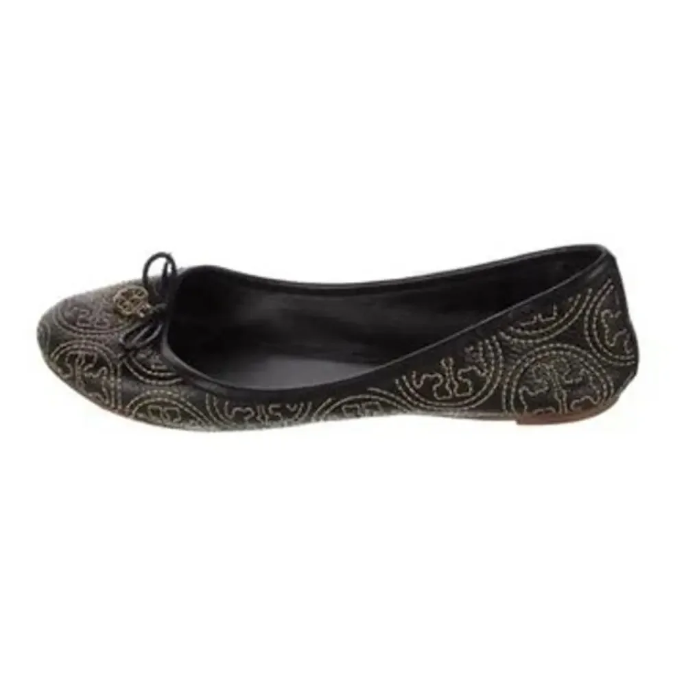 Tory Burch Leather Printed Ballet Flats Floral Logo Reva Classic Shoes Women 6.5